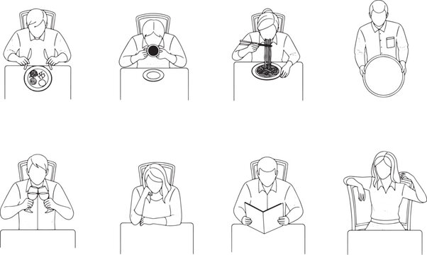 A dining table illustration showcasing various dining etiquette behaviors, depicted with line art. 