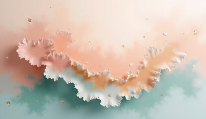 Obraz premium Abstract background with soft pastel watercolor textures, ruffled floral shapes, and gold glitter accents.