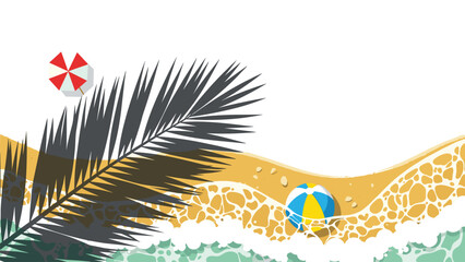 Obraz premium Beach scene with golden sand, crashing waves, a beach ball, and a colorful umbrella, tropical vacation vibes, summer leisure.