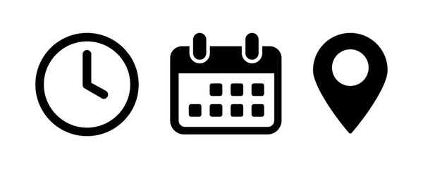 Time, date and address icon set vector. Clock, calendar, location pin marker signs, flat simple business meeting schedule or event calendar reminder symbol, booking design concept. PNG illustration.