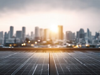 Obraz premium urban landscape with solar panels on a rooftop during dusk city skyline out of focus in the distance