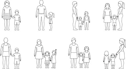 A collection of illustrations shows various familial combinations and interactions, rendered in simple, clean line art.
