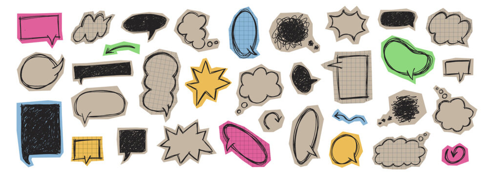 Collage dialogue bubbles. Grunge crayon textured speech and thought clouds for scrapbook planner design, messy conversation balloons and boxes doodle vector illustration set