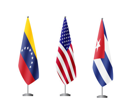 Three cone shaped flags on poles, Venezuela, United States, Cuba, isolated on a transparent background