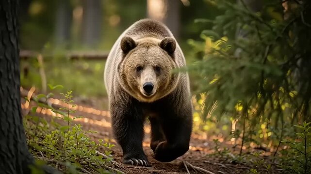 Brown Bear Walking in Forest Trees.