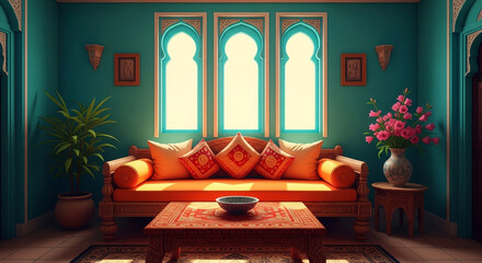 Luxurious Arabic Interior Design with Orange Sofa Patterned Cushions and Arched Windows in a Teal Room