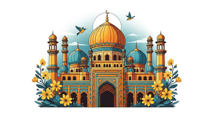 Islamic mosque illustration featuring golden domes, minarets, and yellow flowers for Ramadan and Eid celebrations.