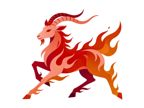Fire goat &mdash; symbol of the year, vector illustration in flat style, red-orange flame on a black background
