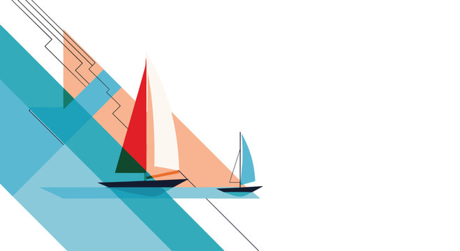 A modern and abstract illustration of two sailboats on the water with geometric shapes and lines creating a dynamic background.