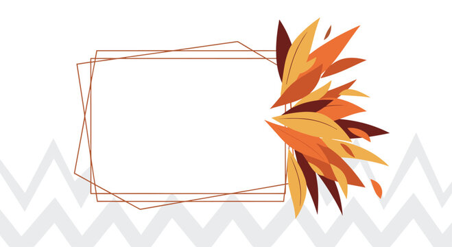 A modern autumn-themed frame with a geometric border and a cluster of colorful leaves on a subtle gray chevron background.