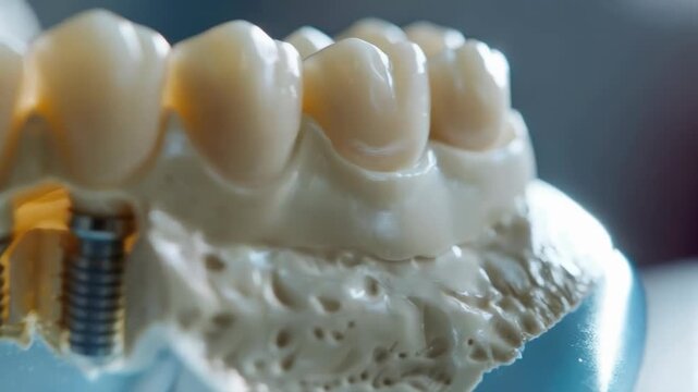 A jaw model with implants demonstrates dental innovations &mdash; an excellent backdrop for medical presentations or educational materials.
