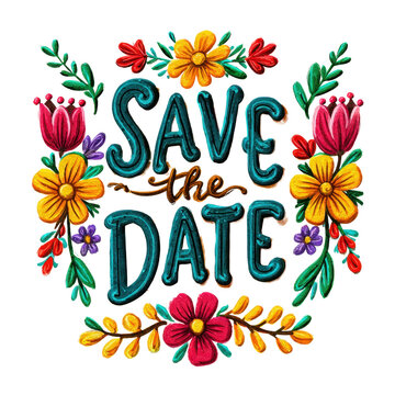 A decorative save the date hand lettered typography badge framed by colorful floral elements with layered script strokes, small blossoms, and leaves forming a bright celebratory composition isolated o