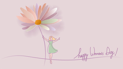 International Women's Day greeting card. Illustration with one line woman and big flower