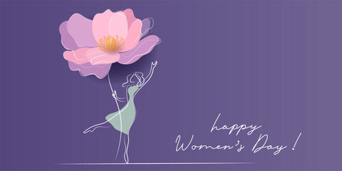 International Women's Day greeting card. Illustration with one line woman and big flower