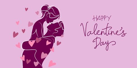 Valentine's Day card. Cute couple. Love day. Hugging Couple with hearts.