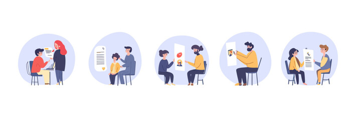 Fototapeta premium Team members engaged in various collaborative meetings and discussions using mobile devices and digital documents in flat minimalist style vector illustration