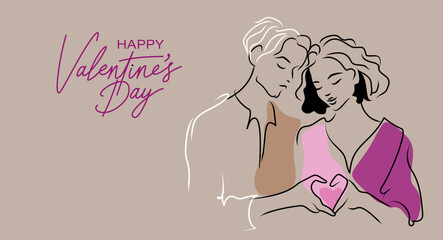 Happy young couple make heart shape by two palms. Girl and boy show hands gesture of love