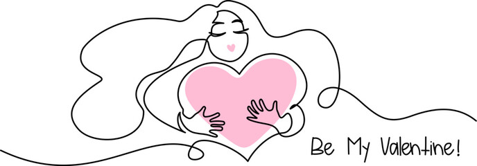 Continuous one line drawing of beautiful woman hugging a big pink heart shape in her chest. Valentine's day greeting card