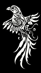 Fototapeta premium Stylized tribal bird illustration with intricate geometric patterns in black and white minimalist vector stencil art design for wildlife decor and tattoo concepts