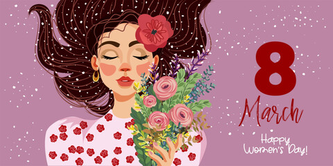 Happy women's day card with beautiful girl holding flowers. flat banner.