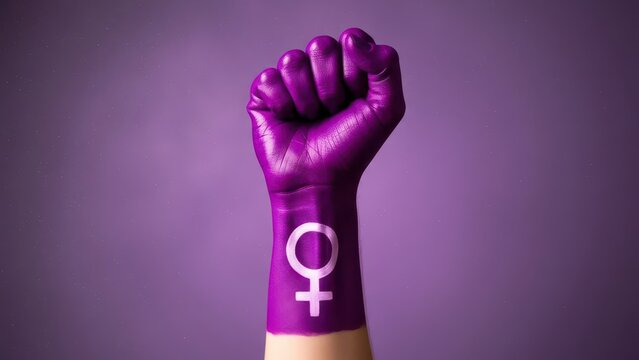  Raised purple fist of a woman for international women's day and the feminist movement. March 8 for feminism, independence, freedom, empowerment, and activism for women rights
