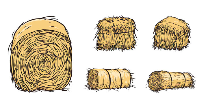 Hand drawn haystack set with round and rectangular straw bales isolated on white background in flat minimalist sketch style vector illustration for agricultural farm concept