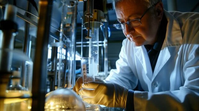 A scientist in a laboratory conducts important research with chemical reagents, providing a suitable backdrop for scientific articles or educational materials.
