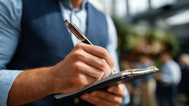 Caucasian journalist holding microphone notepad and pen, faceless reporter, media tools, news gathering, professional journalism, defocused background, with copy space