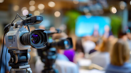 Fototapeta premium Press and cameras recording conference event, media coverage, news gathering, broadcast journalism, professional equipment, defocused event setting, with copy space