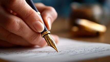 Hand writing on paper with fountain pen, focused shot of nib, analog journalism, manuscript writing, traditional reporting, detailed penmanship, with copy space