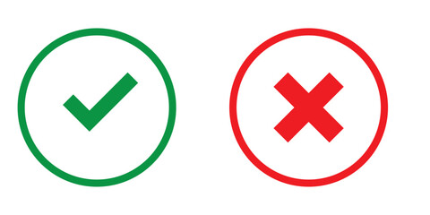 Right and wrong vector icon set rounded color black outline, flat rounded check mark, cross, x mark, circle shape thin line tick mark symbol. Approval and rejection signs isolated on white background