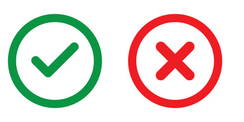 Obraz premium Right and wrong vector icon set rounded color black outline, flat rounded check mark, cross, x mark, circle shape thin line tick mark symbol. Approval and rejection signs isolated on white background