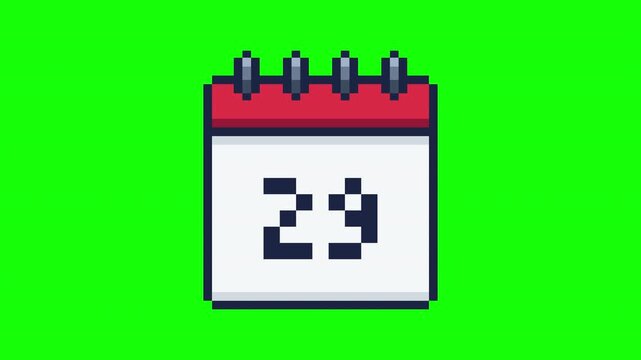 Calendar Date 29 (Twenty Nine) Pixel Style Loop Animation Prores Alpha Channel 4K 60fps