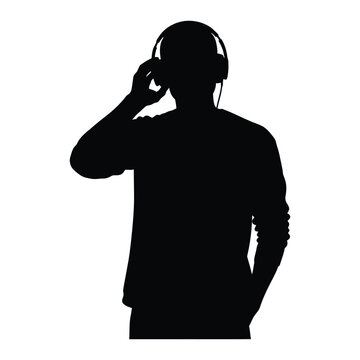 silhouette icon of a person wearing headphones, one hand adjusting ear cup while listening.