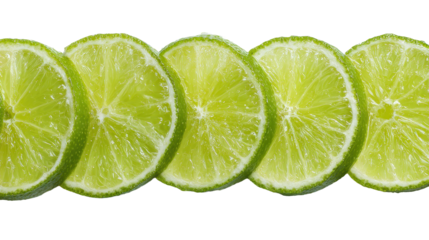 A neat horizontal row of lime slices with vivid green translucent flesh, crisp segment lines, textured rind, and light realistic shadows evenly spaced isolated on transparent background.