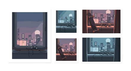 Collection of polaroid photos with video game controllers and skateboards on windowsills overlooking cityscapes at night