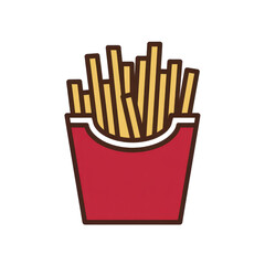 A simplified flat icon of a red fries carton filled with golden French fries, crisp straight fry shapes with subtle color variation, clean outline, and minimal shading isolated on transparent backgrou