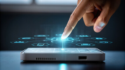 Close up of hand interacting with smartphone projecting glowing digital interface with icons, symbolizing futuristic technology and ai connection
