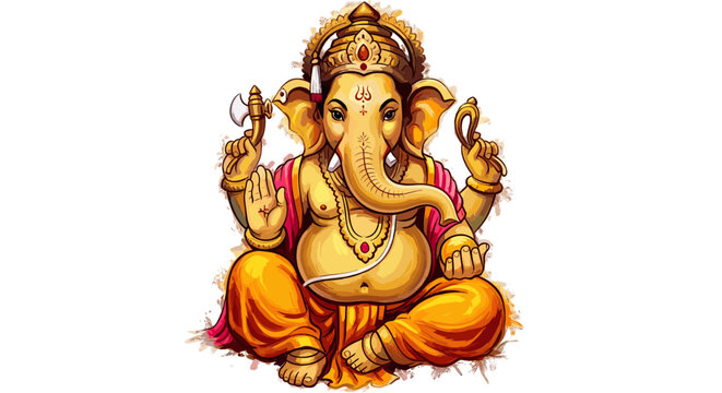 Ganesha illustration deity with golden skin religious figure isolated white background