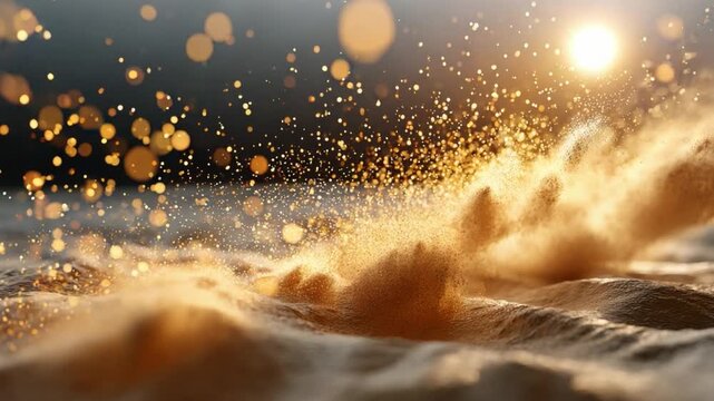 Golden Sands: Sun-kissed golden sands rise and fall, the soft waves creating a dynamic visual, with the sun's warm light shimmering through the air and water, bringing a feeling of warmth.