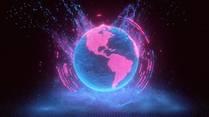 Obraz premium Neon Earth globe surrounded by digital WiFi particles, vaporwave style, pink and blue neon, futuristic illustration.