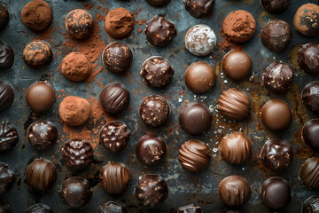 Rows of chocolates produced in a factory kitchen, generative AI