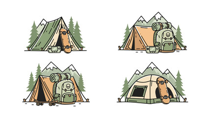 colorful camping tents with mountains and trees and hiking gear  outdoorsy travel