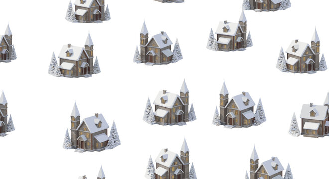 Winter village pattern repeating houses and pine trees snowy day festive scene