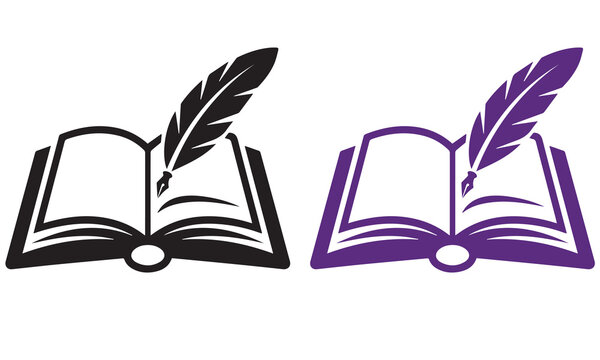 Open book and quill feather pen icon set, minimalist vector illustration for education, literature, and history concept.