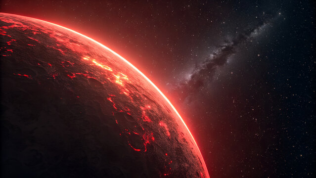 A vibrant red planet glowing in the dark space with stars