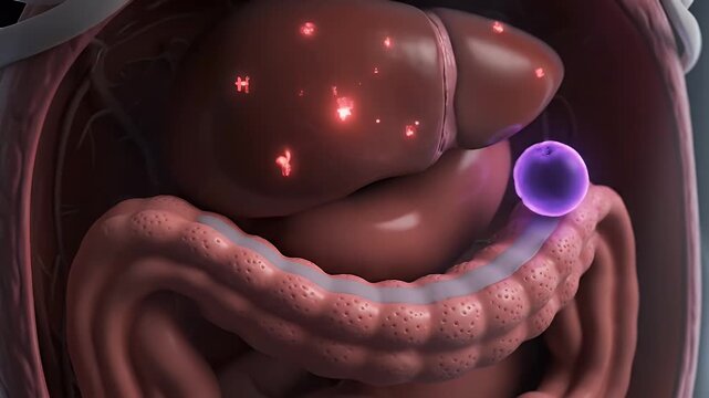 Medical Animation Showing Stomach Liver Small Intestine and A Purple Sphere in Front Anatomy Digestive System in Dark