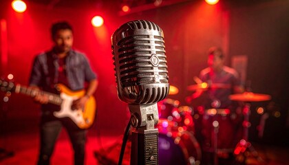 Close-up of vintage-style microphone in foreground with blurred background of musician playing electric guitar and drum set, bathed in warm red lighting evoking live concert atmosphere.