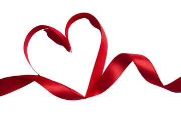 A vibrant red satin ribbon elegantly shaped into a heart, symbolizing love and romance, against a clean white background.