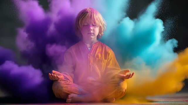 A child sits surrounded by a vibrant cloud of colored powder, creating a joyful and festive atmosphere